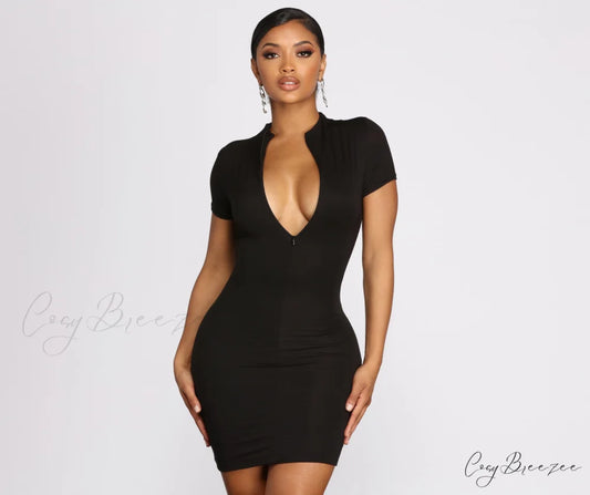Zip Up Stylish Chic Mini Dress BLACK / XS