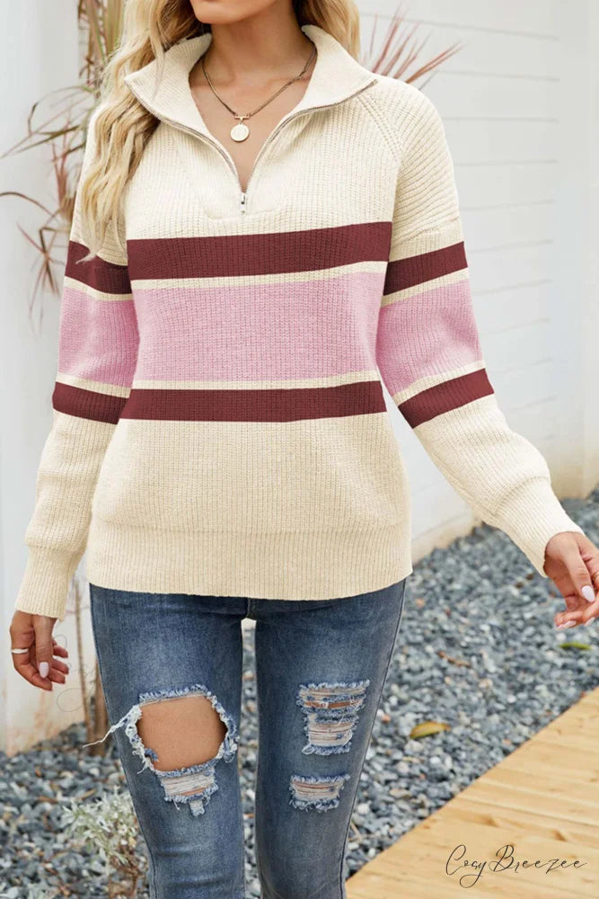 Zip-up Sweater with Lapel Beige / XL
