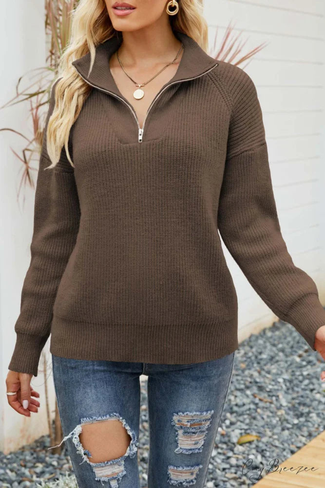 Zip-up Sweater with Lapel Coffee / S