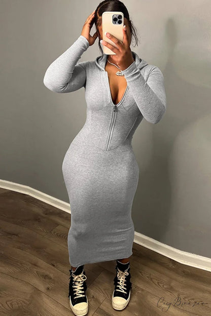 Zipper Hoodie Dress Grey / M
