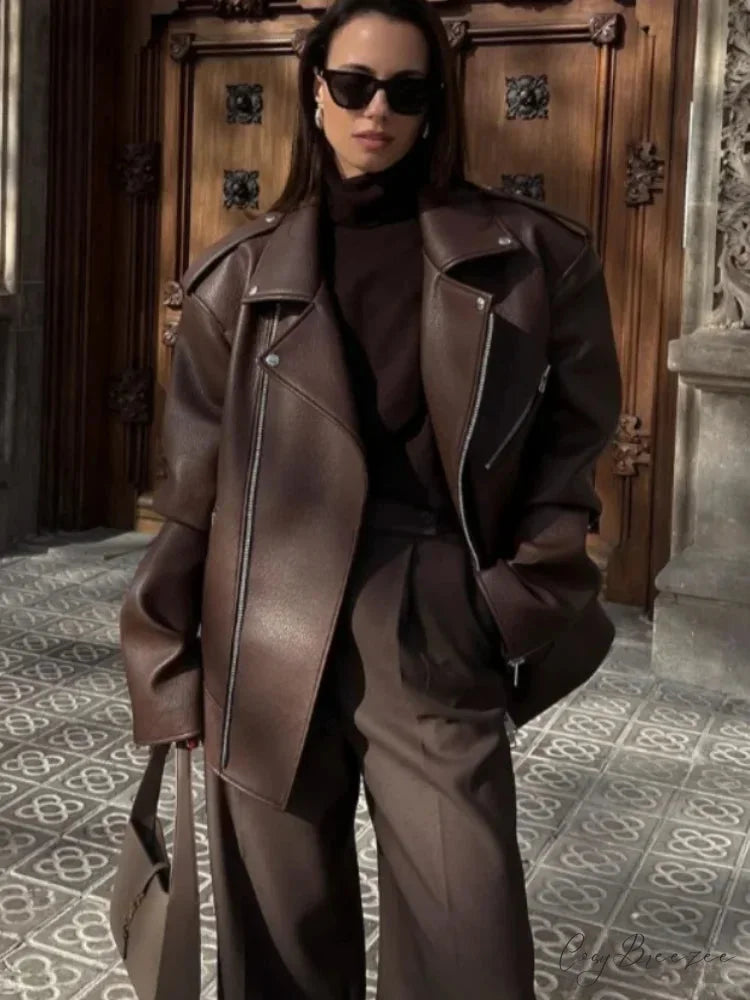 Zipper Lapel Leather Coat Brown / S coats-241228