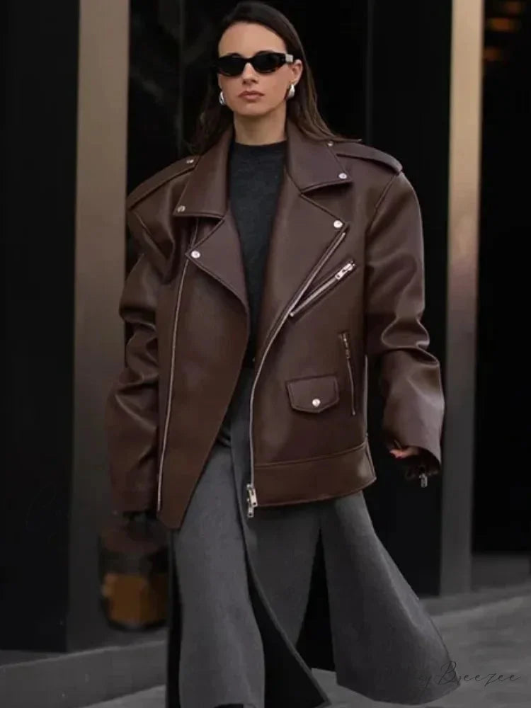 Zipper Lapel Leather Coat coats-241228