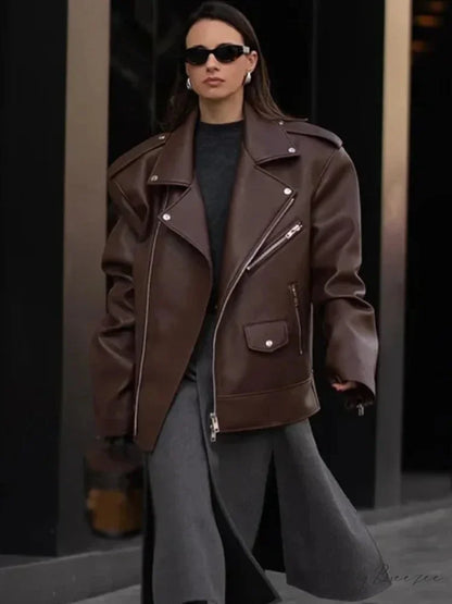 Zipper Lapel Leather Coat coats-241228