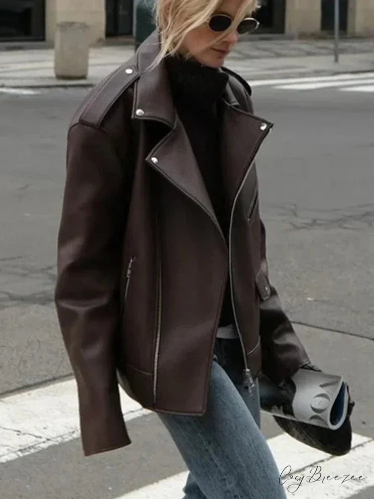 Zipper Lapel Leather Coat coats-241228