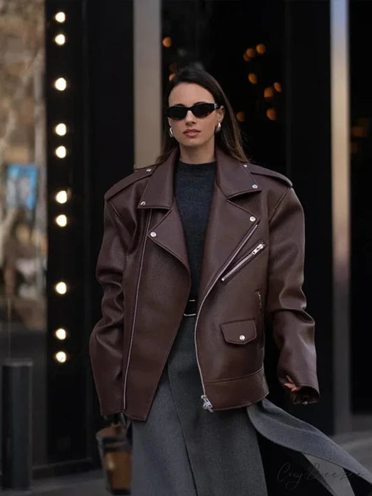 Zipper Lapel Leather Coat coats-241228