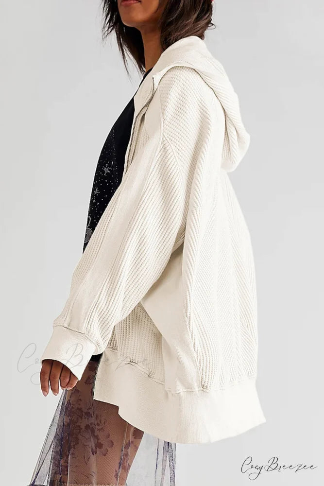Zipper Waffle Hoodie Beige / L