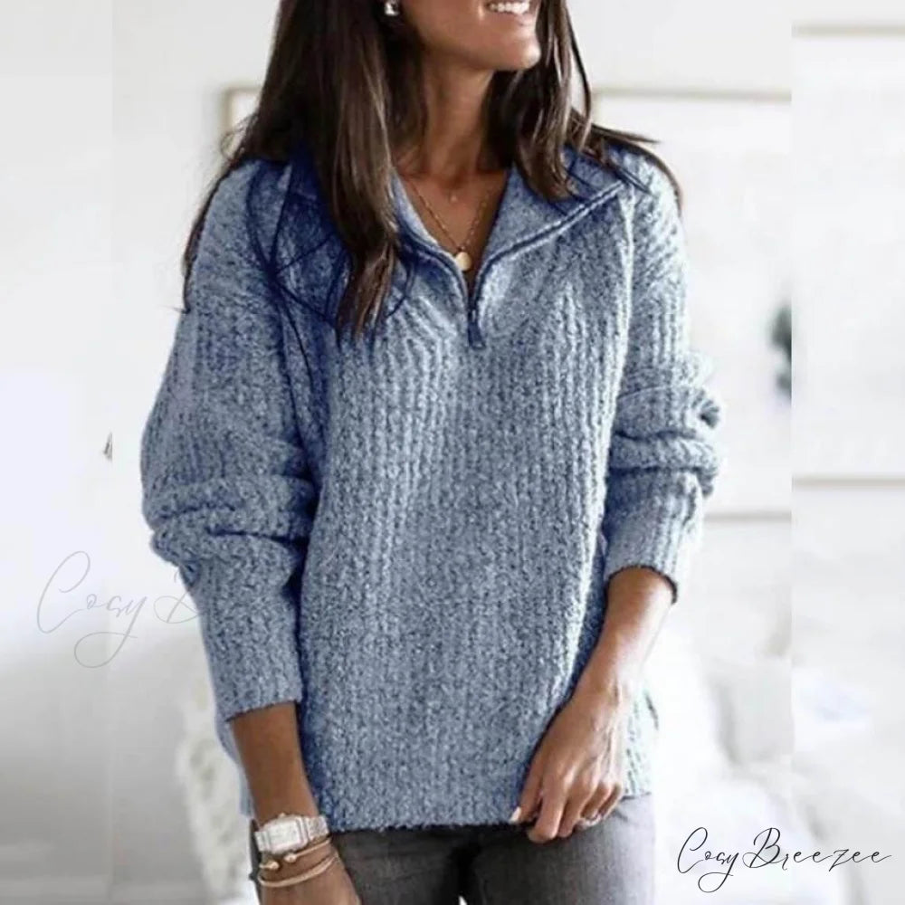 Zipper Women’s Sweater Pullover Casual Color Solid Arm Long Cardigans Blue / S