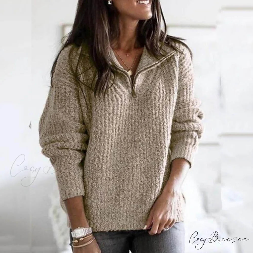 Zipper Women’s Sweater Pullover Casual Color Solid Arm Long Cardigans Khaki / S