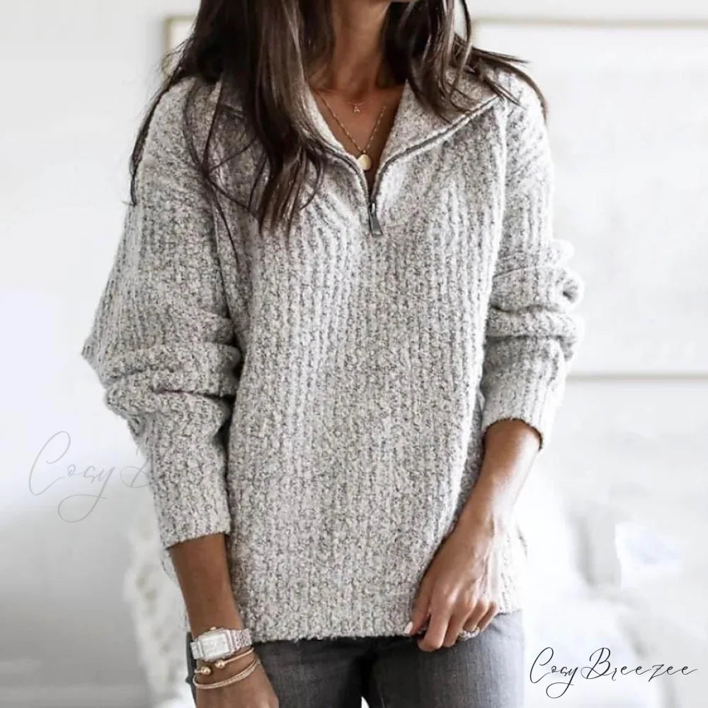 Zipper Women’s Sweater Pullover Casual Color Solid Arm Long Cardigans Light Gray / S