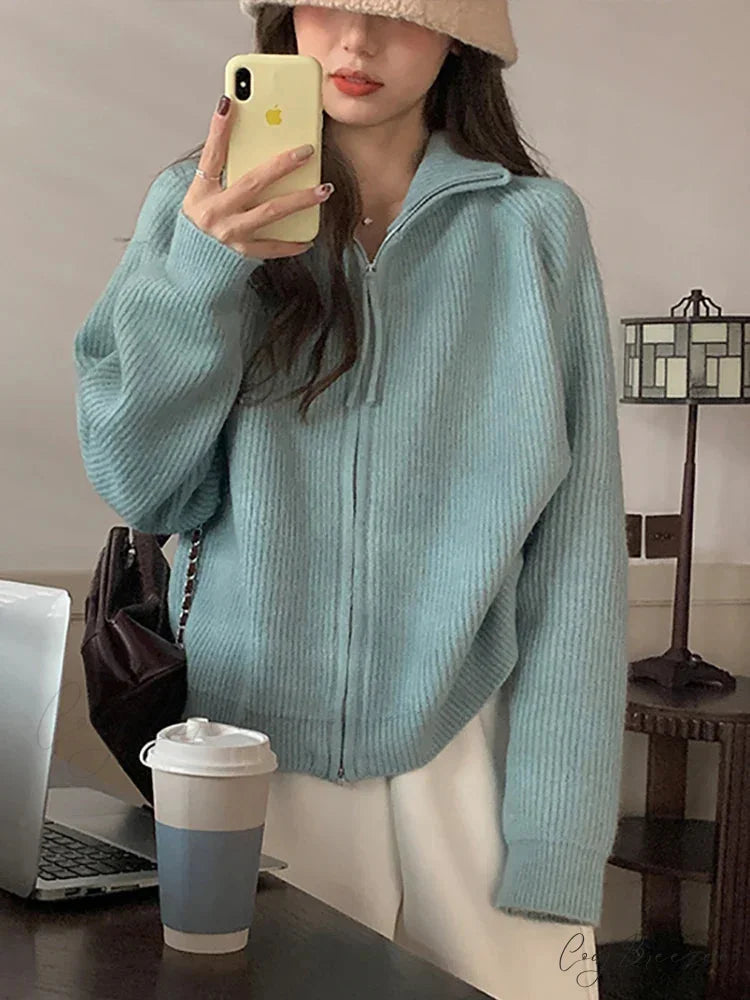 Zippered Knit Pullover Blue / One Size cardigans-241228