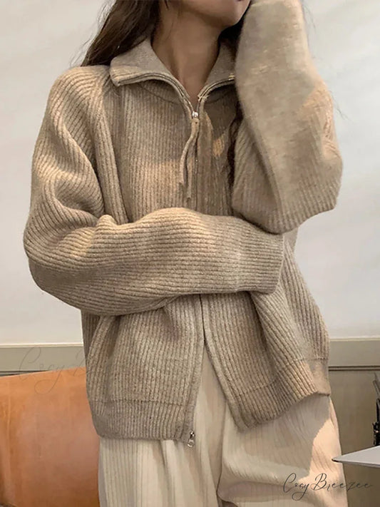 Zippered Knit Pullover Oatmeal / One Size cardigans-241228