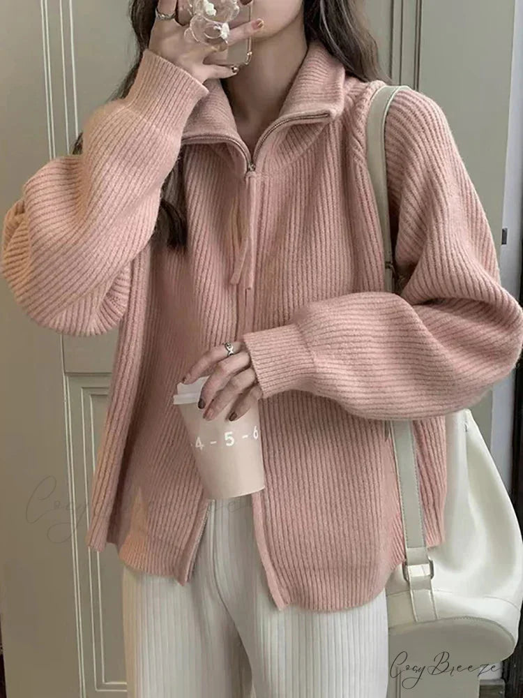 Zippered Knit Pullover Pink / One Size cardigans-241228