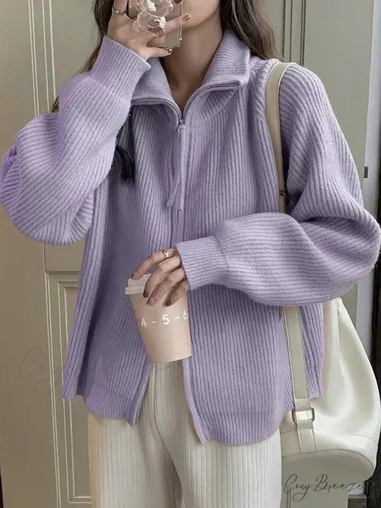Zippered Knit Pullover PURPLE / One Size cardigans-241228