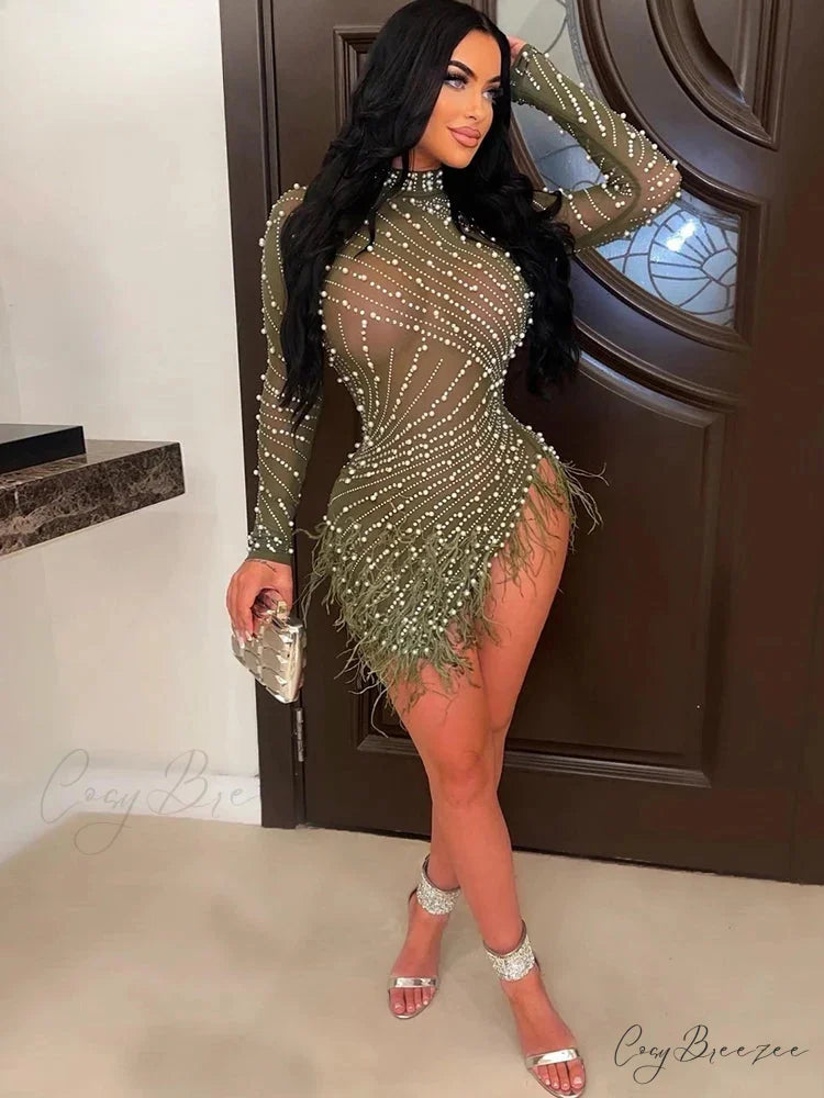 Znaiml Feather Mesh Party Dress green dress / S