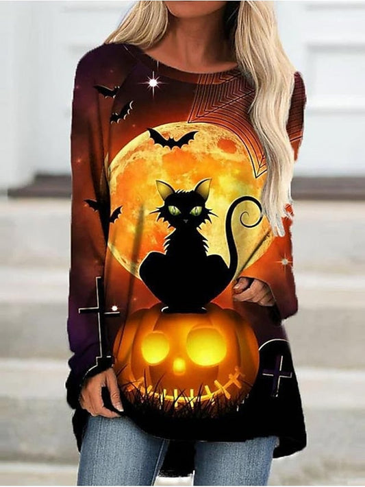 Arm Cat Halloween Tunic Long Pumpkin Patchwork Tee Design Women's Shirt