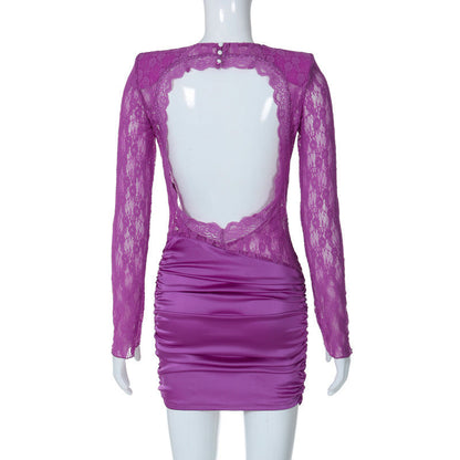 Melissa Purple Lace See Through Backless Sexy Mini Dress