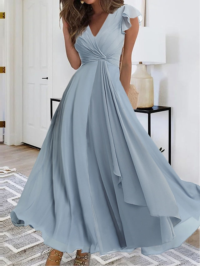 Warm-Season V Neck Layered Guest Party Sleeveless M Women's Prom L Blue Wedding Full-Length Gown S 2024 Gown XL